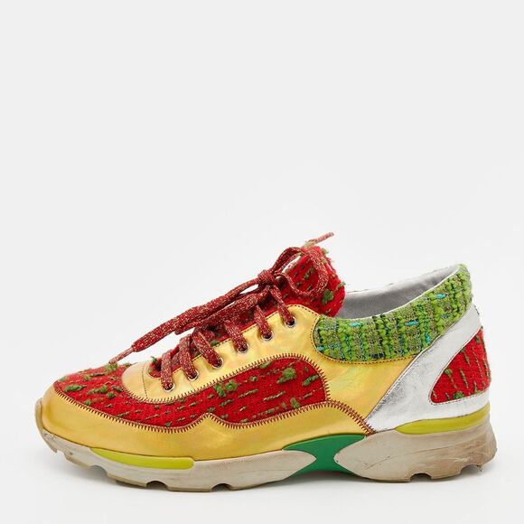Chanel Multicolor Tweed Fabric And Leather CC Lace Up Sneakers Size 40 - Picture 1 of 4